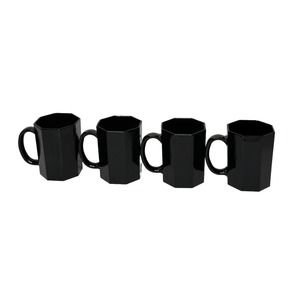 Vintage Arcoroc France OCTIME Black Glass Octagon Set Of 4 Coffee Mugs Cups